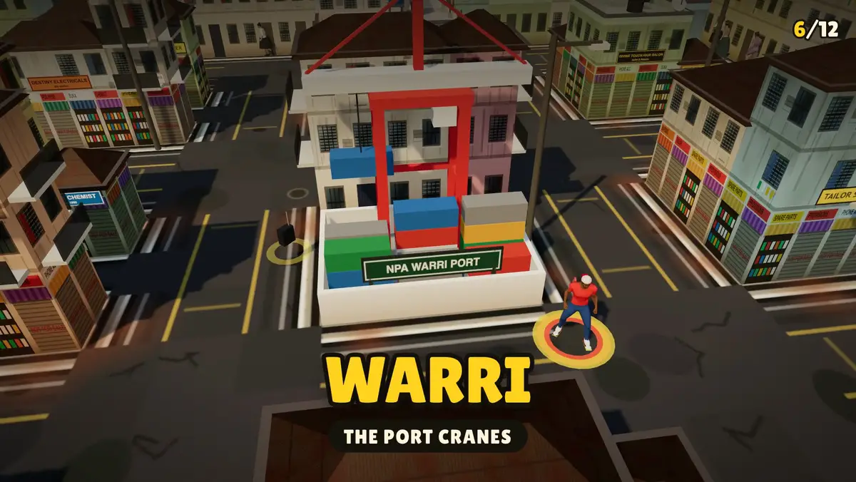 A thief by the NPA port cranes in Warri, surrounded by shops and walk-ups